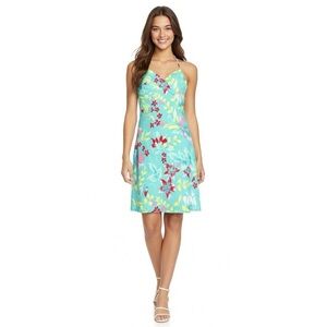 Oasis Tropical Floral Tiki Halter Mini Dress Summer Vacation Beachwear Blue XS